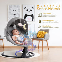Electric Baby Swing Chair with Bluetooth Remote Control | Cordless 5-Speed Levels 12 Lullabies & 3 Timers | 3 Adjustable Angles - Rocking Chair for Newborn | Gray