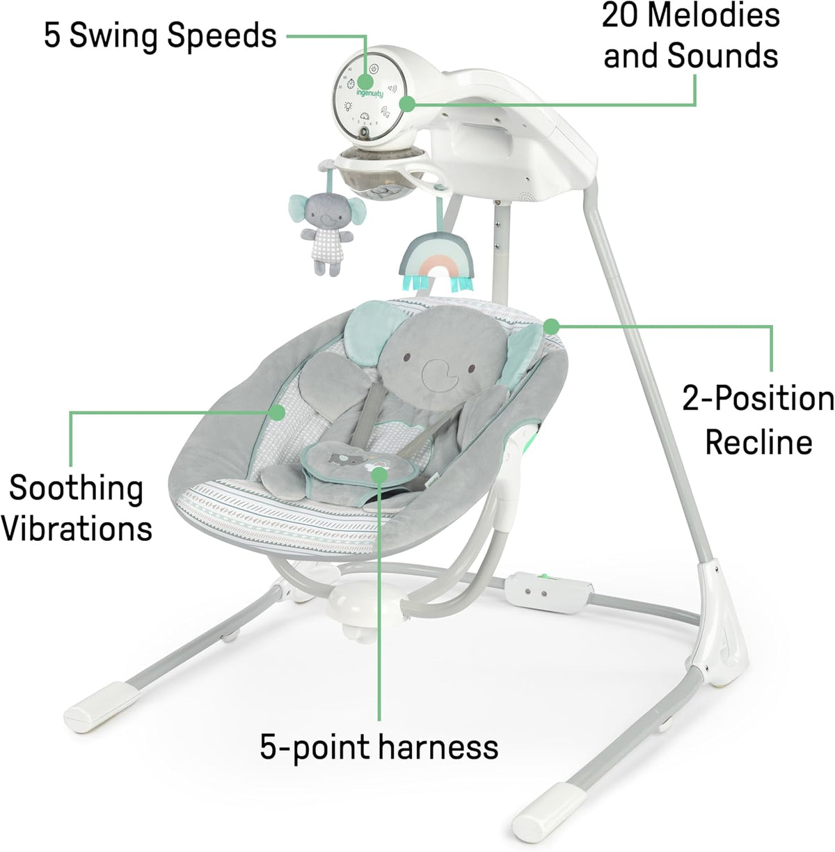 Ingenuity InLighten 5-Speed Baby Swing - Swivel Infant Seat, 5 Point Safety Harness, Nature Sounds, Lights - Van Elephant