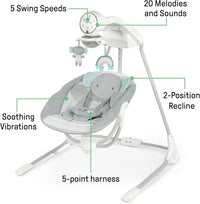 Ingenuity InLighten 5-Speed Baby Swing - Swivel Infant Seat, 5 Point Safety Harness, Nature Sounds, Lights - Van Elephant