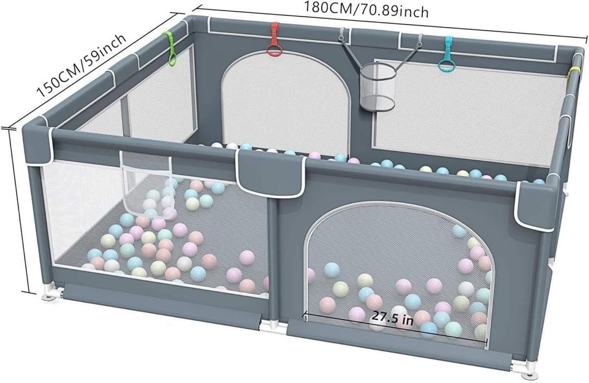 HAOIOPM Baby Playpen for Babies 150 * 180 * 65CM Large Baby Fence,20 Ocean Balls,Gray