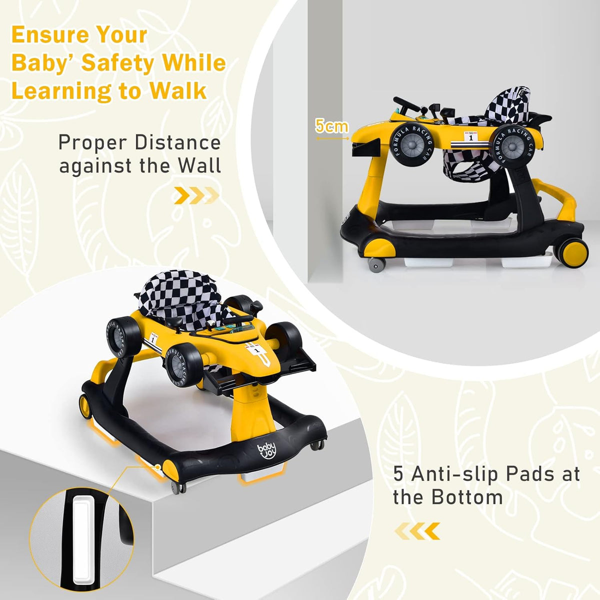 BABY JOY 4-in-1 Baby Walker, Foldable Activity Car Baby Walker w/3 Adjustable Height(Yellow)