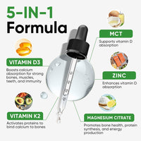 Venture Pal 5-in-1 Vitamin D3 10000 IU & K2 as MK-7 200mcg with Magnesium, MCT Oil, Zinc, Sugar-Free Vitamin D Liquid |Maximum Absorption for Bone, Mood & Immune Health - 2 FL OZ, 60 Days