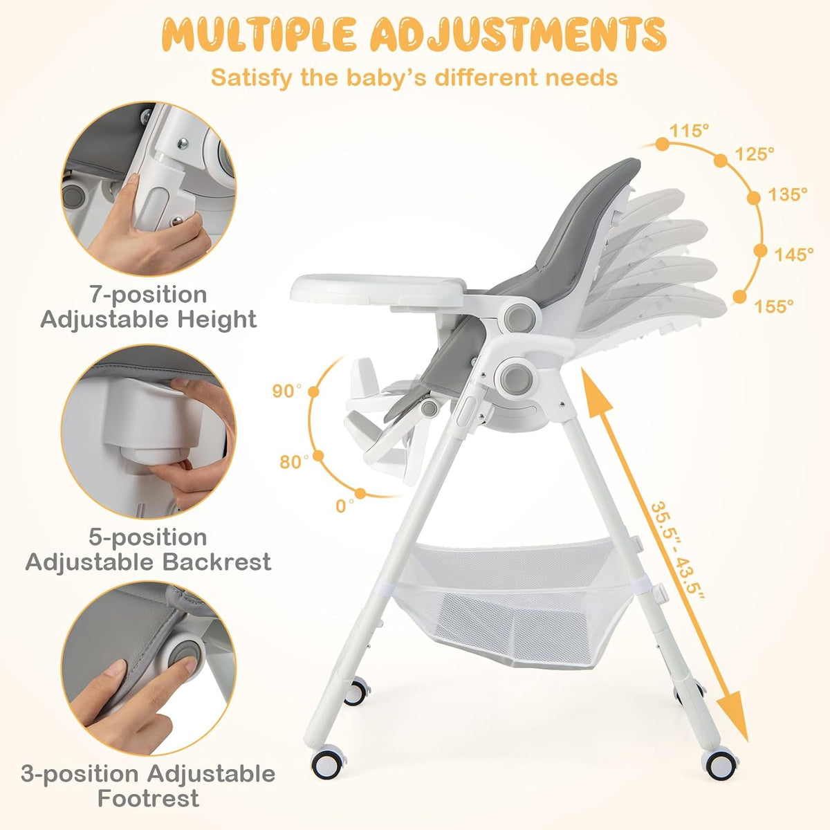 BABY JOY Baby High Chair, Foldable Highchair w/ 7 Heights, 5 Recline Positions (Grey)