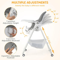 BABY JOY Baby High Chair, Foldable Highchair w/ 7 Heights, 5 Recline Positions (Grey)