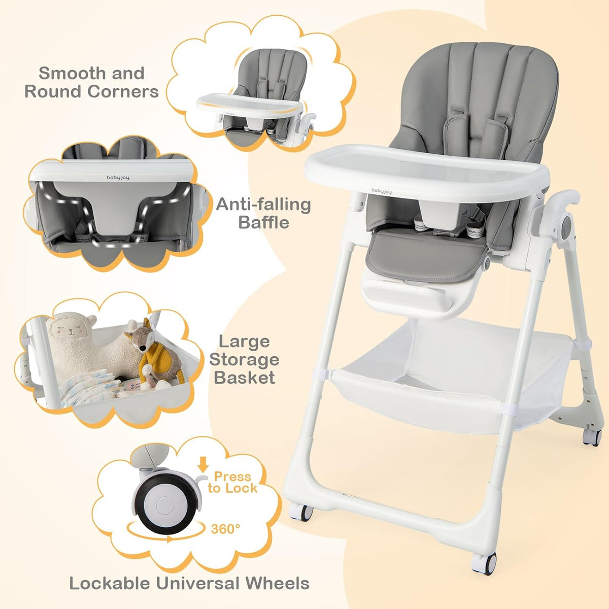 BABY JOY Baby High Chair, Foldable Highchair w/ 7 Heights, 5 Recline Positions(Grey)