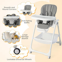BABY JOY Baby High Chair, Foldable Highchair w/ 7 Heights, 5 Recline Positions(Grey)
