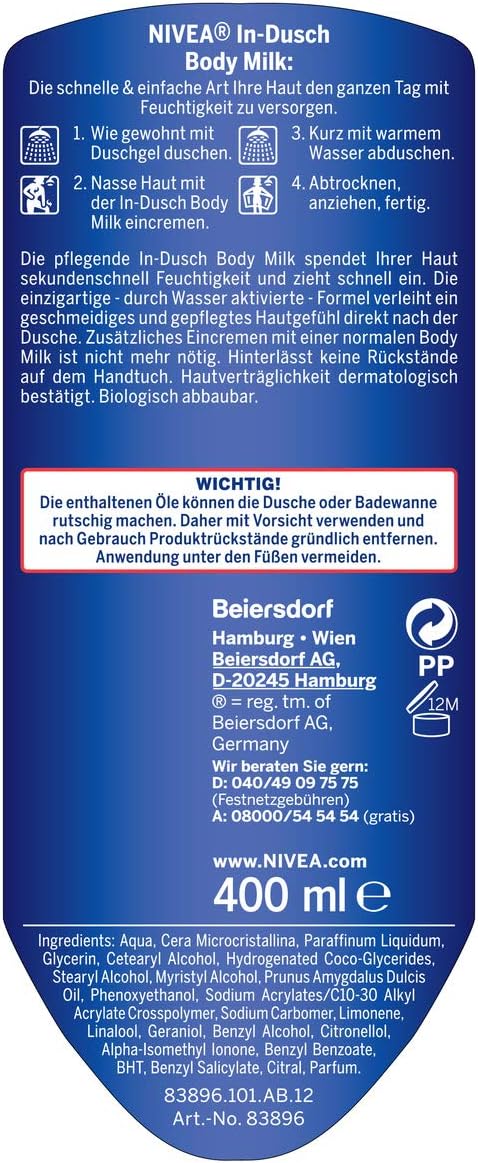 NIVEA In-Shower Body Milk (400 ml), Body Cream with Almond Oil and Water-Activated 5-in-1 Care Formula, Moisturising Body Lotion for the Shower