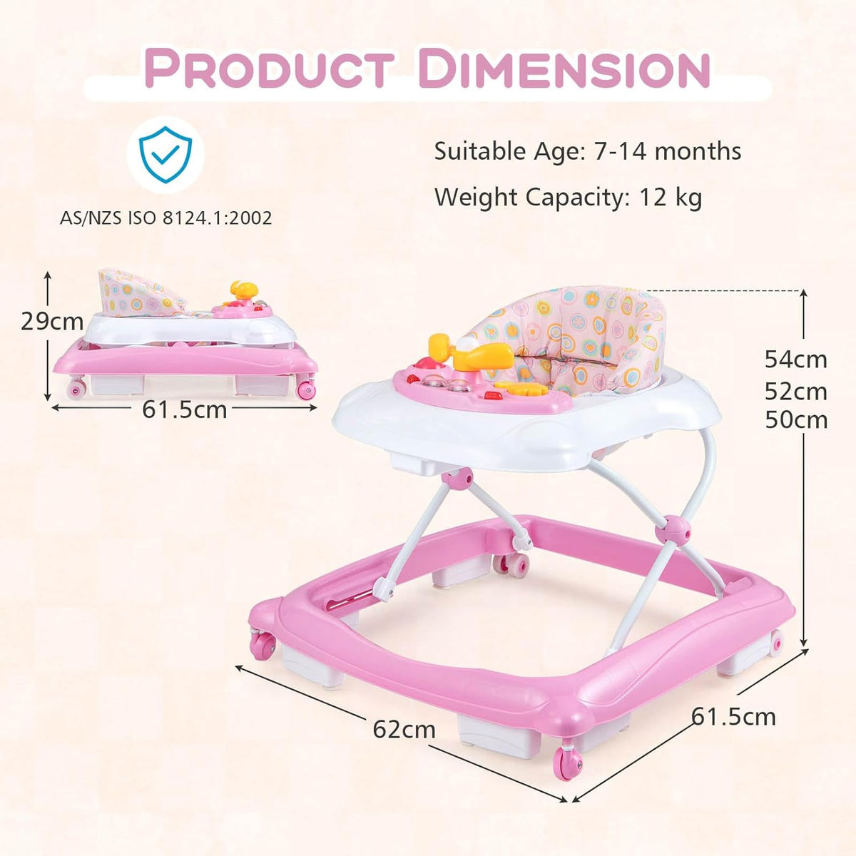 BABY JOY Foldable Baby Walker, Toddler Activity Center Push Walker with 3 Adjustable Heights(Pink)