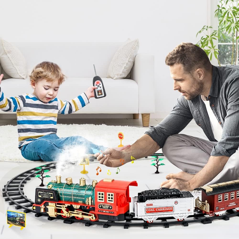 Remote Control Train Set,Sound and Lights Smoke Steam Locomotive Engine Train,Christmas Tree for 3 4 5 6 7 8+ Year
