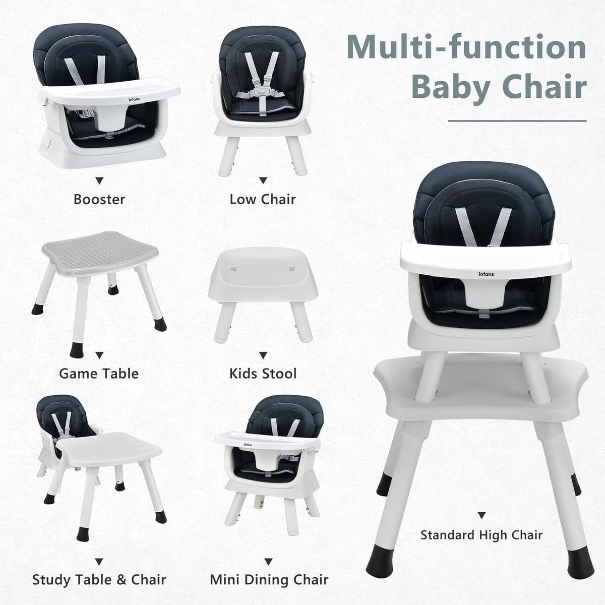 INFANS 8 in 1 Baby High Chair, Convertible Highchair for Babies and Toddlers (Black)