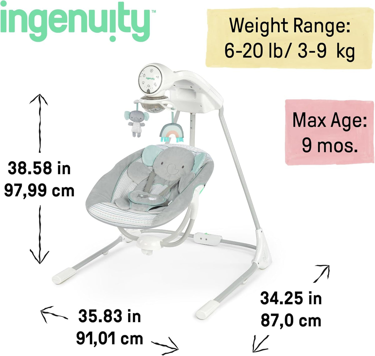Ingenuity InLighten 5-Speed Baby Swing - Swivel Infant Seat, 5 Point Safety Harness, Nature Sounds, Lights - Van Elephant