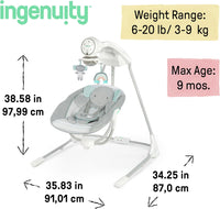 Ingenuity InLighten 5-Speed Baby Swing - Swivel Infant Seat, 5 Point Safety Harness, Nature Sounds, Lights - Van Elephant