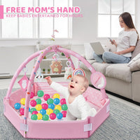 Baby Gym Play Mat, 8-in-1 Tummy Time Mat & Ball Pit with 6 Toys (Pink)