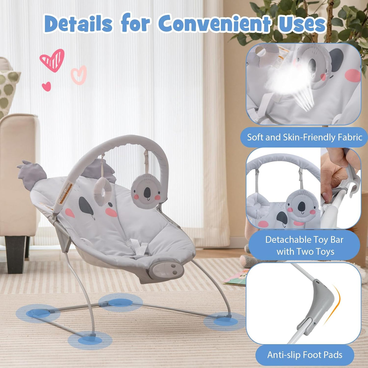 BABY JOY Portable Baby Bouncer, Infant Rocker with Removable Toys Bar, Music, Machine Washable Cover, Baby Bouncer Soothing Vibrations with 30° Spine Tilt, 3-Point Harness for 0-6 Months