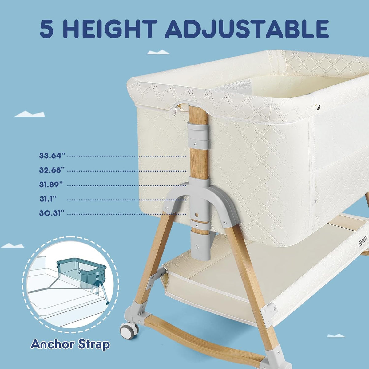Cuddly Bassinet, 3 in 1 Baby Bassinet with Wheels, 5 Height Adjustable, Includes Mosquito Net, Mattress, Anchor Strap (White)