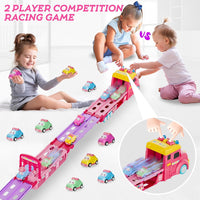 Car Toys for Age 2 3 4 5 6 7 Year Girl Toddler, Foldable Track & 2 Player Race Mode Game, Light & Sound Push Transport Carrier Truck W/ 6 Princess Car, Birthday Gift Idea for Kid
