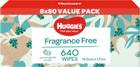 HUGGIES Baby Wipes Fragrance Free 640 Pack (8 x 80 Pack)