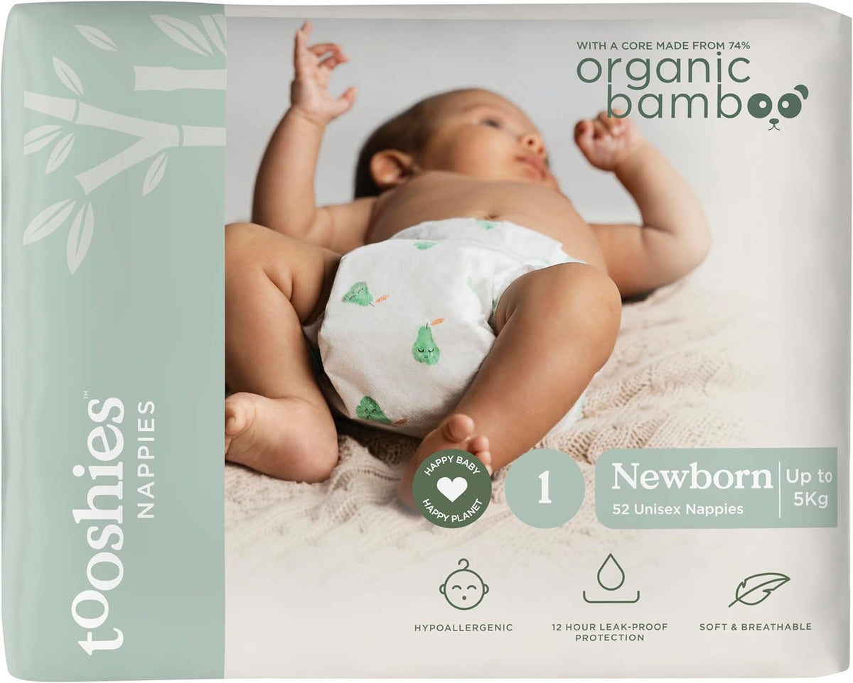 Tooshies Nappies Size 1 Newborn 3-5kg Made with Organic Bamboo 12 hrs leak free Unisex Pear Print 2 pack of 52