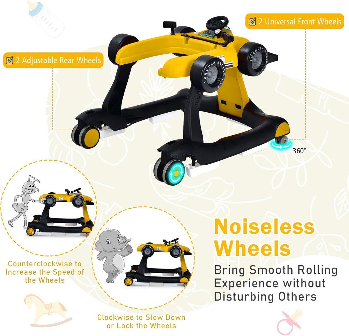 BABY JOY 4-in-1 Baby Walker, Foldable Activity Car Baby Walker w/3 Adjustable Height(Yellow)