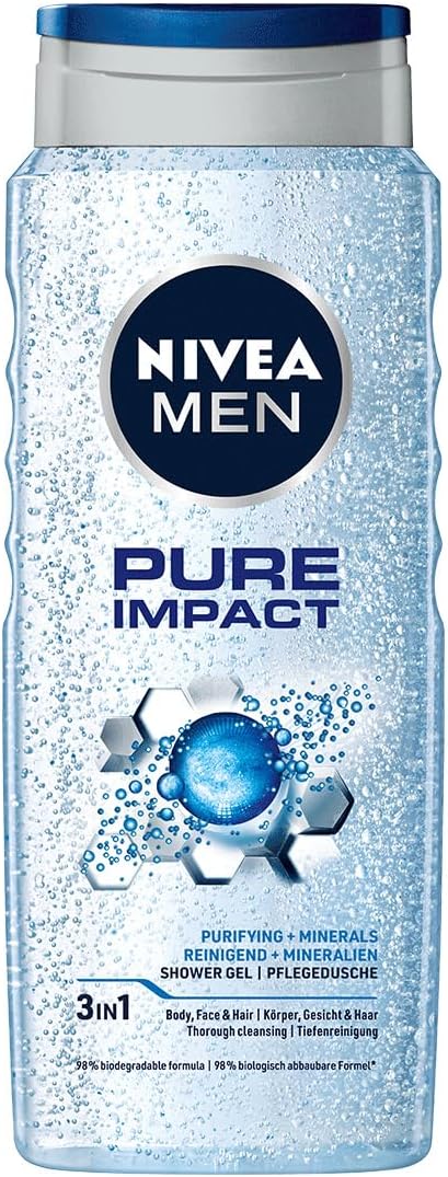 NIVEA MEN Pure Impact Shower Gel 500ml | Men's Refreshing Body Wash | With Purifying Scrub Particles | For Body, Face & Hair | Gentle Formula | Long-Lasting Clean Feeling