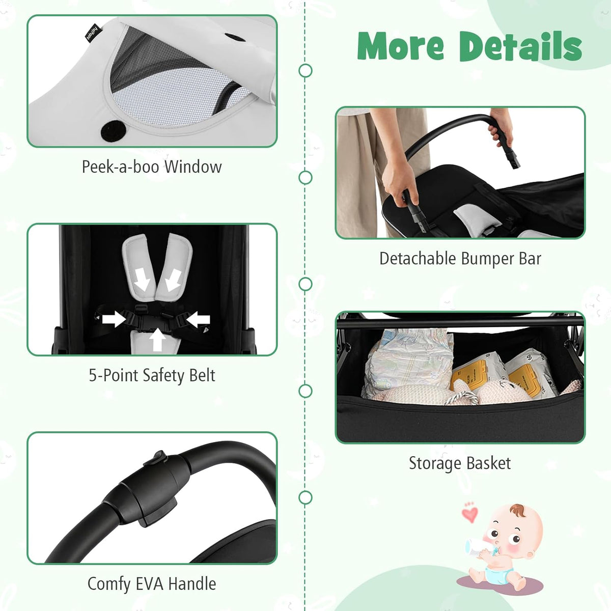 BABY JOY Lightweight Baby Stroller, Compact Travel Stroller for Airplane, Infant Toddler Stroller w/Adjustable Backrest & Canopy, Storage Basket, Self Standing Gravity Fold, Aluminium Frame (Grey)