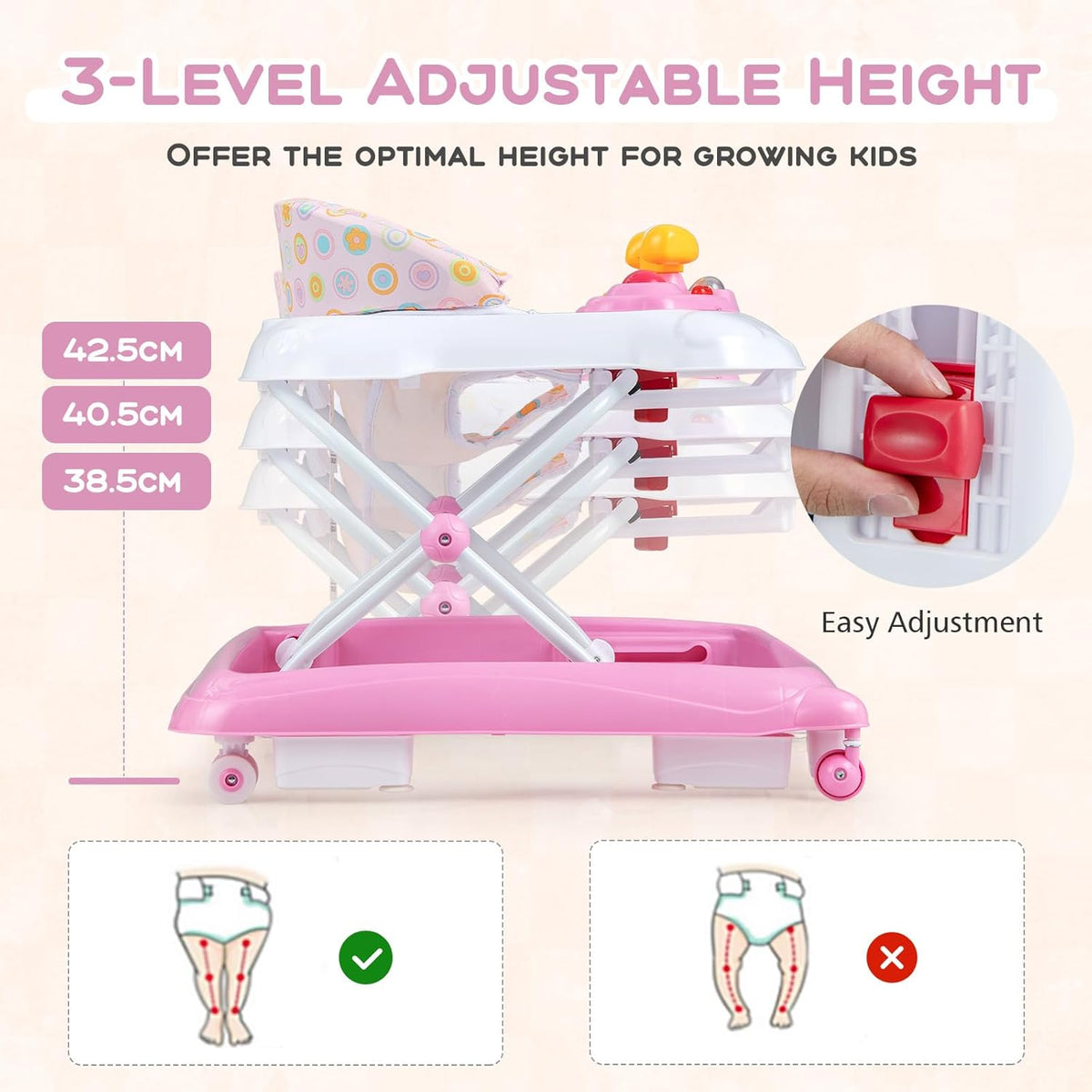 BABY JOY Foldable Baby Walker, Toddler Activity Center Push Walker with 3 Adjustable Heights(Pink)