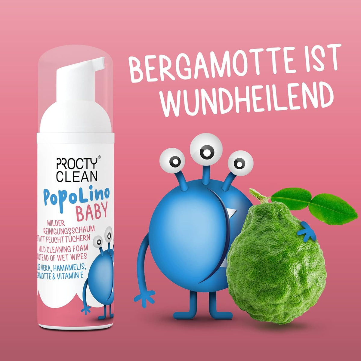 ProctyClean PopoLino Baby Mild Popo Foam Instead of Baby Wipes Cleaning Foam Vegan and Natural Cosmetics Popo Foam with Aloe Vera, Hamamelis, Bergamot and Vitamin E. Makes Bottom and Environment Happy