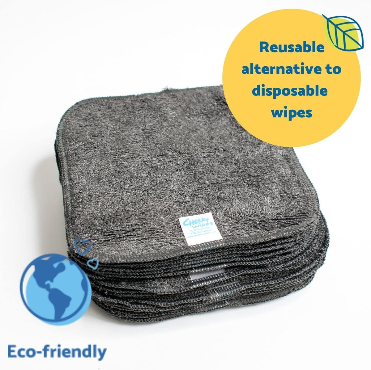 Cheeky Wipes - 25 Washable Bamboo Terry Cloth Wipes, 15x15cm Reusable Grey Pack, Perfect for Baby's Hands and Face, Absorbent, Super Soft and Naturally Anti-Bacterial | Eco Friendly