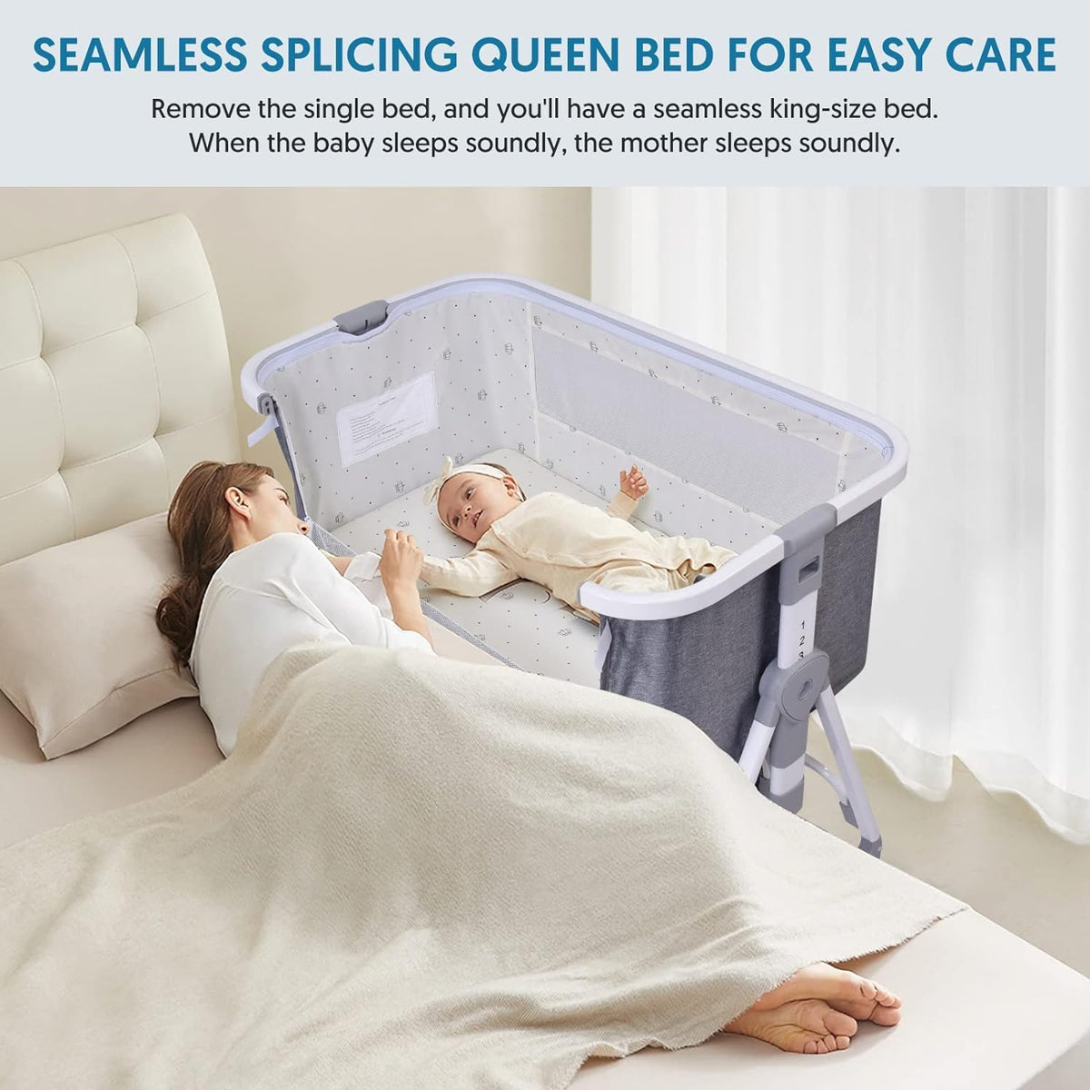 Bassinet Co Sleeper, Bellababy Baby Bedside Sleeper, Bedside Bassinet for Safe Co-Sleeping, Storge Bag, Universal Wheel with Brake, Easy to Assemble, Grey