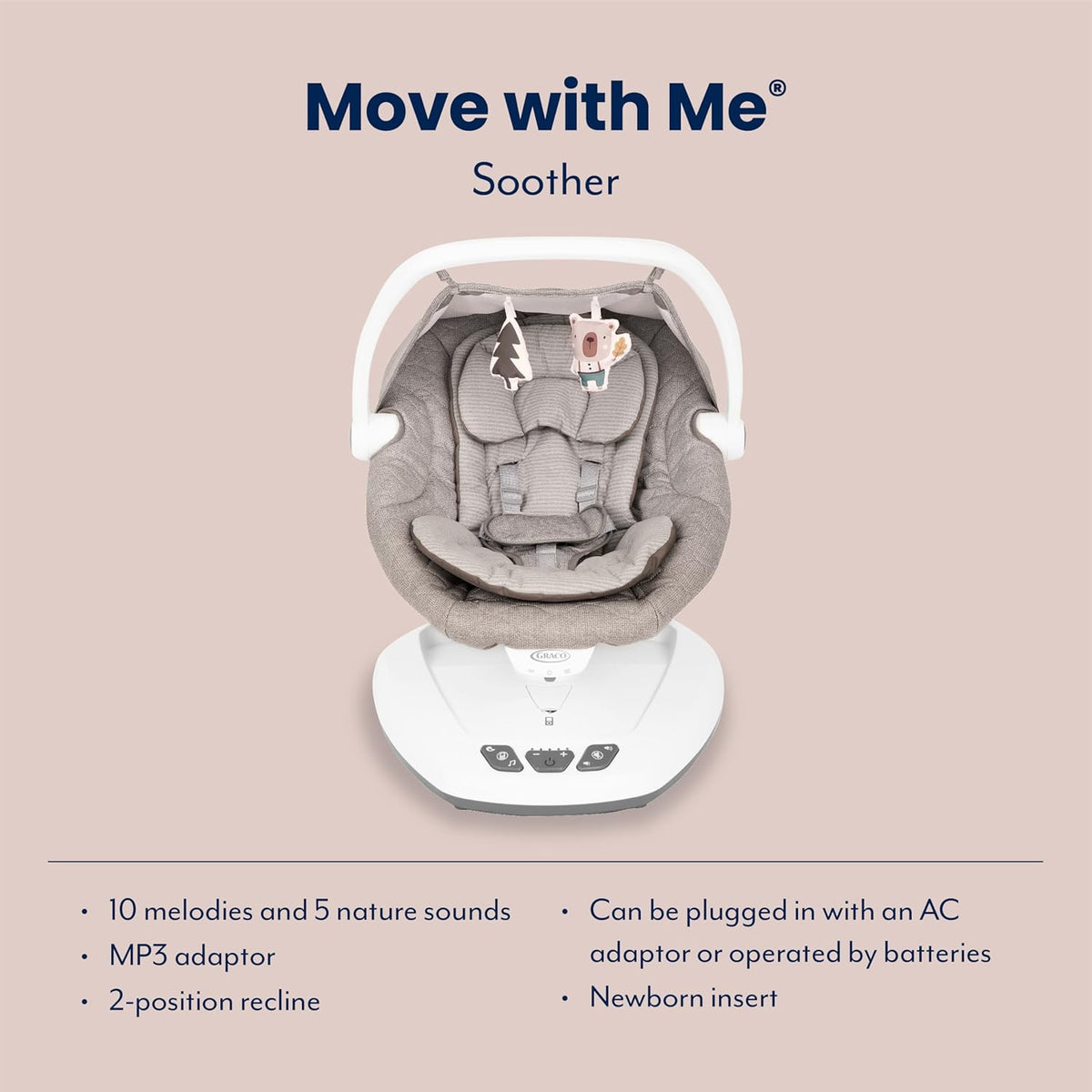 Graco Move with Me Soother with 5 swaying speeds, music, 2 recline positions, 2 vibration settings and folds up for storage. Suitable from birth to approx. 6 months (0-9kgs), Little Adventures