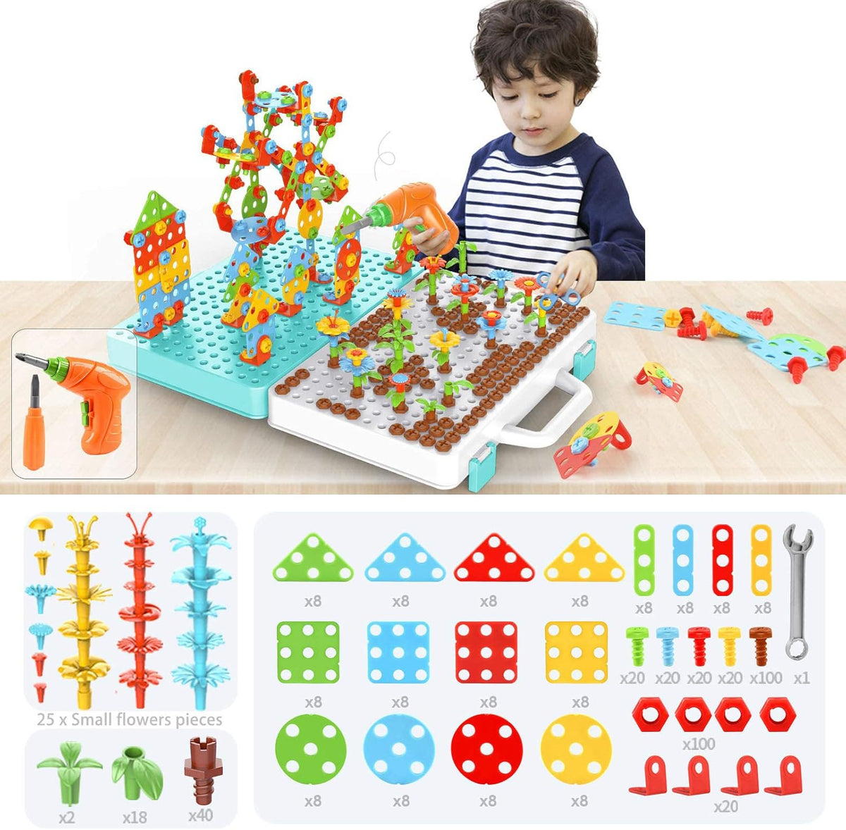 550Pcs Electric DIY Drill STEM Puzzle Toy Set, Creative Mosaic Drill Puzzle Kit, 2D 3D Educational Building Blocks,Age 3-12 Years Old