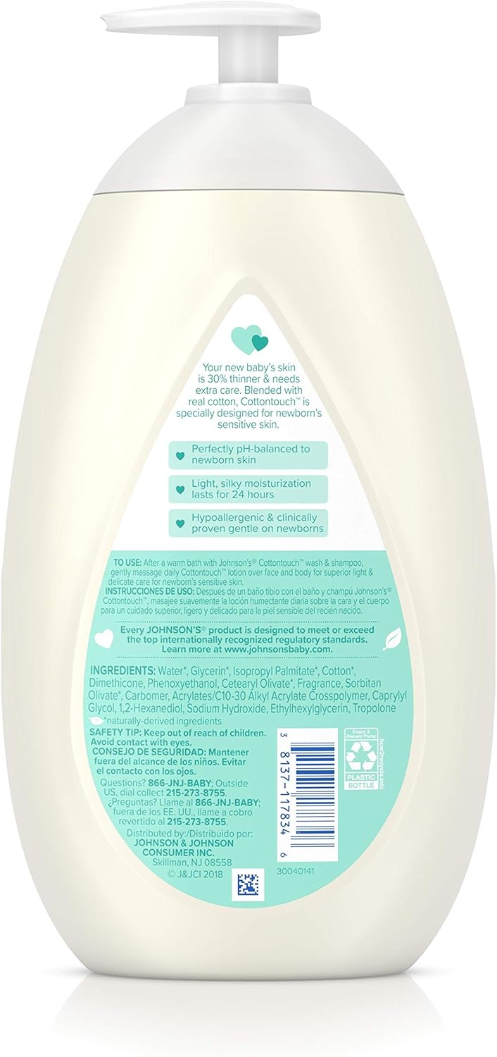 Johnson's CottonTouch Newborn Baby Face and Body Lotion, Made with Real Cotton, 27.1 fl. oz