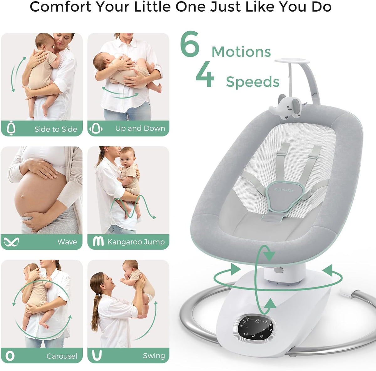 Momcozy CocoSway Baby Swing for Infants to Toddlers, Electric 3D-Motion Swing with 6 Motions & 4 Speeds, Remote Control, 8 Soothing Lullabies, Suitable for Baby Boys and Girls Up to 20 lbs