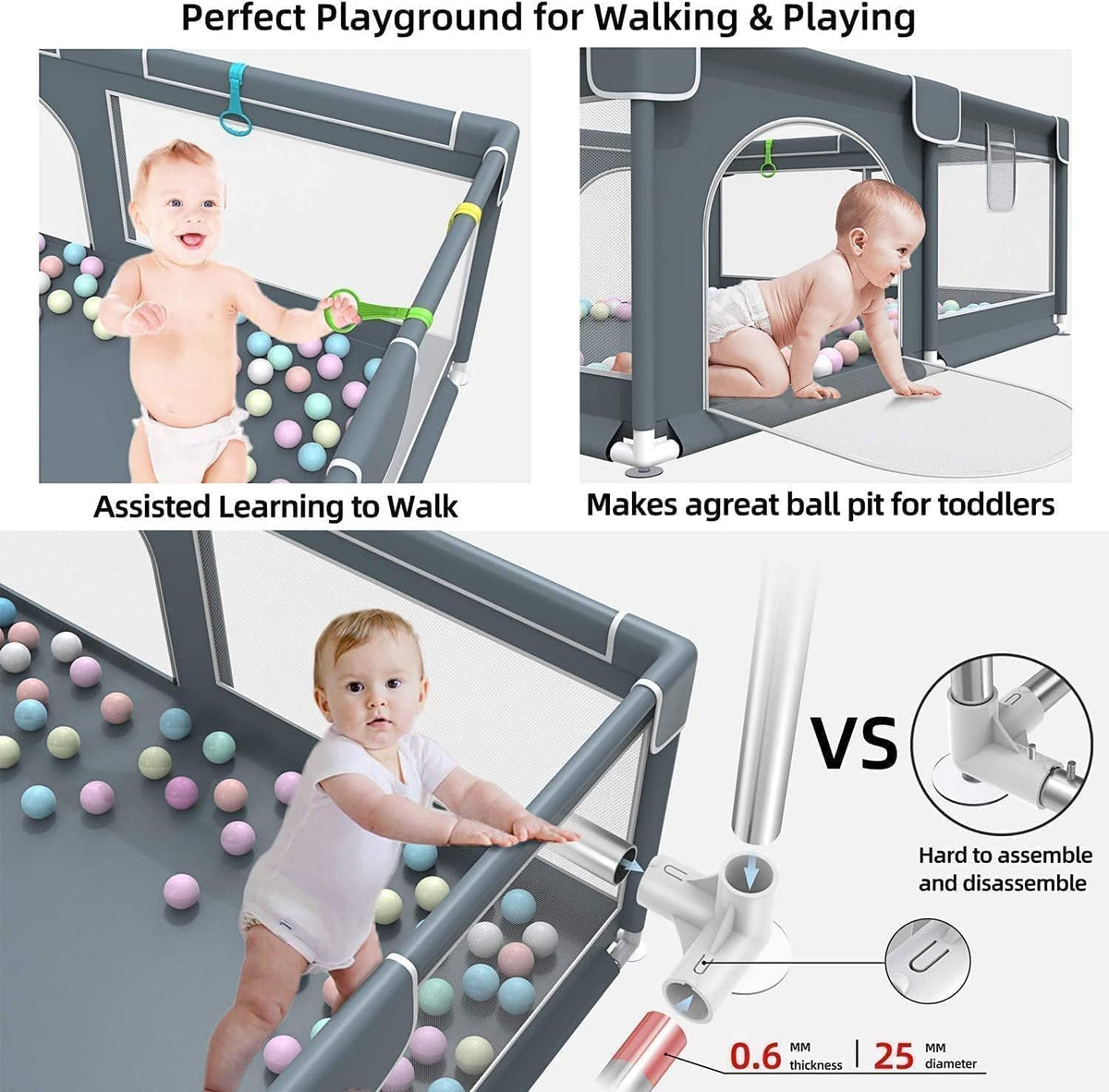 HAOIOPM Baby Playpen for Babies 150 * 180 * 65CM Large Baby Fence,20 Ocean Balls,Gray