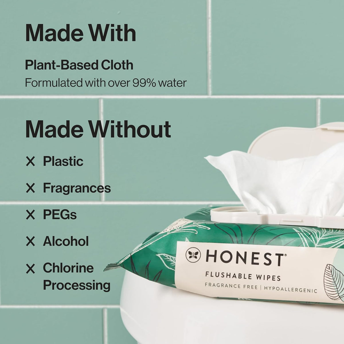 The Honest Company Flushable Wipes for Sensitive Skin | Fragrance Free, Hypoallergenic, 99% Water, Safe to Flush | Tropical Leaves, 336 Count