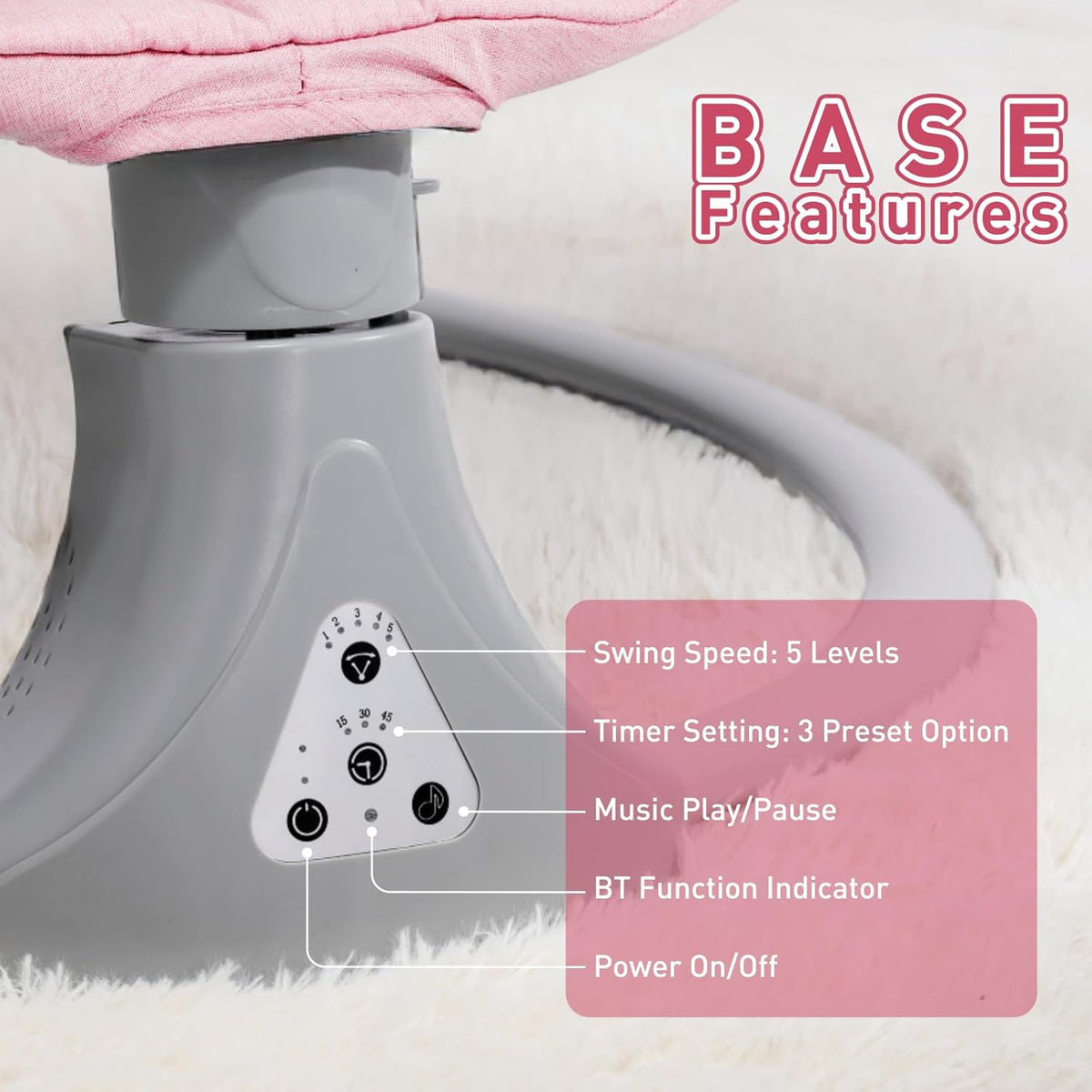 Electric Baby Swing Chair: Baby Rocker with Bluetooth Remote Control - Baby Bouncer Chair 5 Speeds & 12 Preset Lullabies Toddler Swing with 3 Timers for Newborn Boys & Girls (Pink)