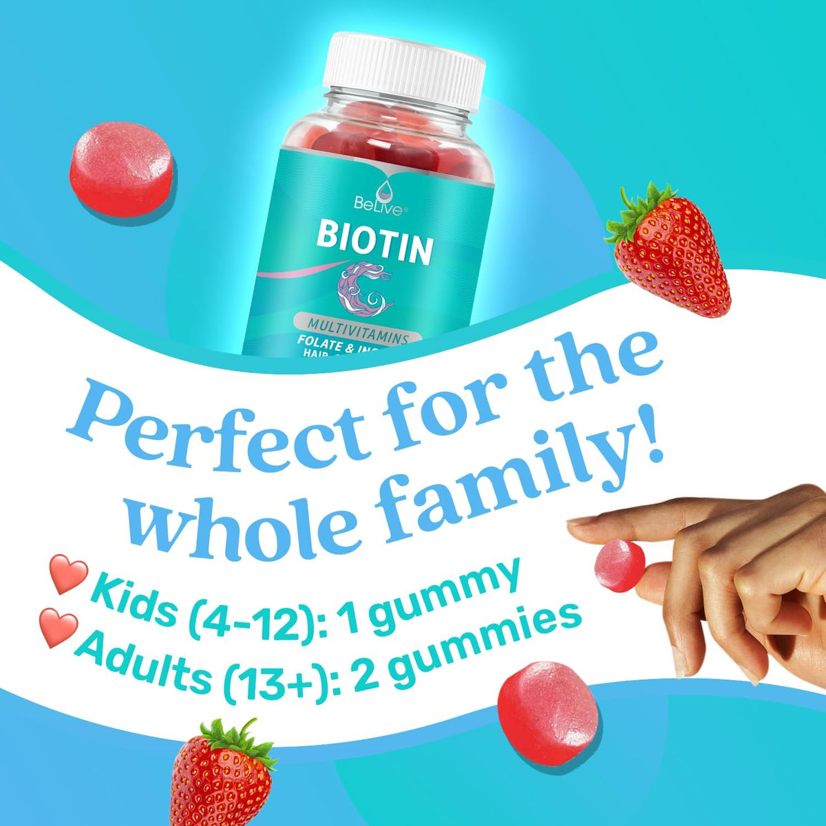 BeLive Biotin Gummies with MultiVitamins, Folate, Inositol – Supports Hair Growth, Healthy Skin & Nails – Vegan, Pectin Based – Strawberry Flavor-USA Made