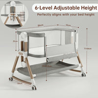 Baby Bassinet Bedside Sleeper with Mattress, 6-Level Height Adjustable Co-Sleeper, Convertible Baby Crib with Breathable Mesh, 360° Wheels & Storage Basket