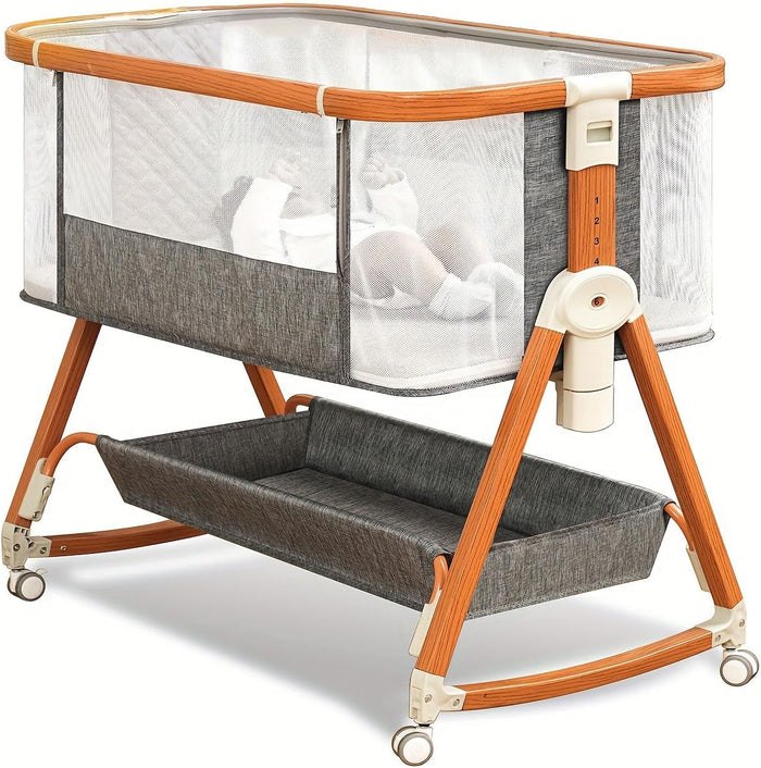 Baby Bassinet, Bassinet Bedside Sleeper Co-Sleeper with Adjustable Height, 4-Sided Mesh Baby Crib with Wheels and Storage Basket for Newborn 0-6 Months (Grey)