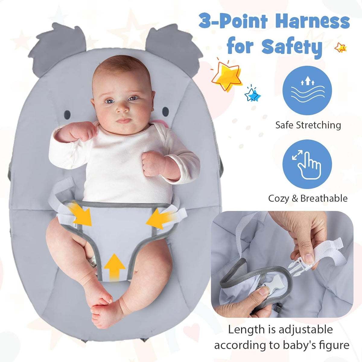 BABY JOY Portable Baby Bouncer, Infant Rocker with Removable Toys Bar, Music, Machine Washable Cover, Baby Bouncer Soothing Vibrations with 30° Spine Tilt, 3-Point Harness for 0-6 Months