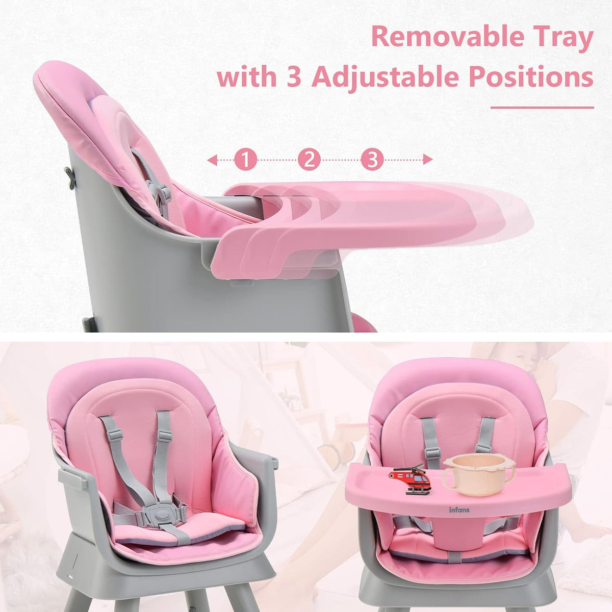 INFANS 8 in 1 Baby High Chair, Convertible Highchair for Babies and Toddlers (Pink)