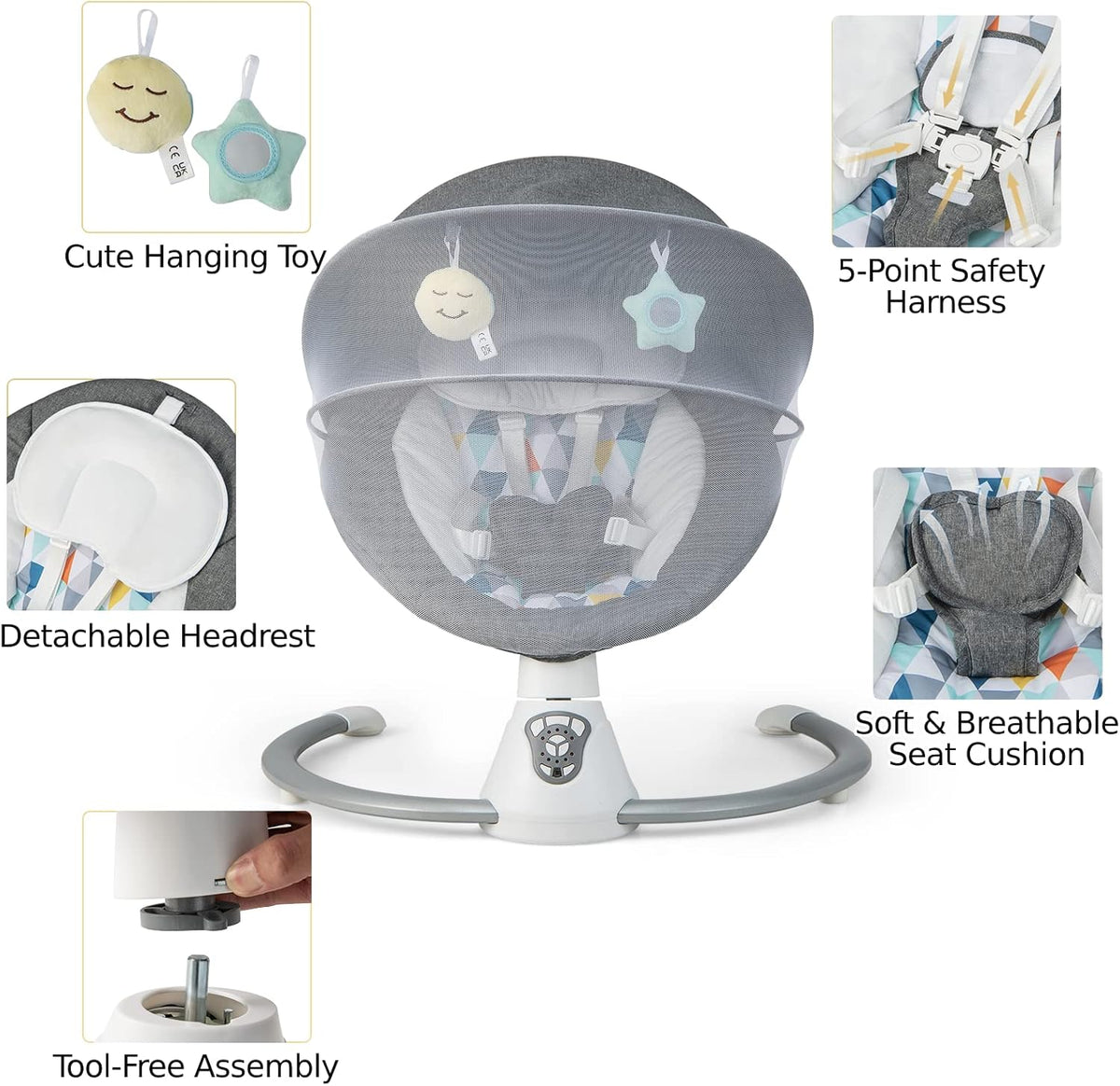 GYMAX Electric Baby Rocker, Toddler Automatic Bouncer 5 Swinging Amplitudes, Remote Control and Timing Function, Portable Newborn Rocking Chair (Gray)