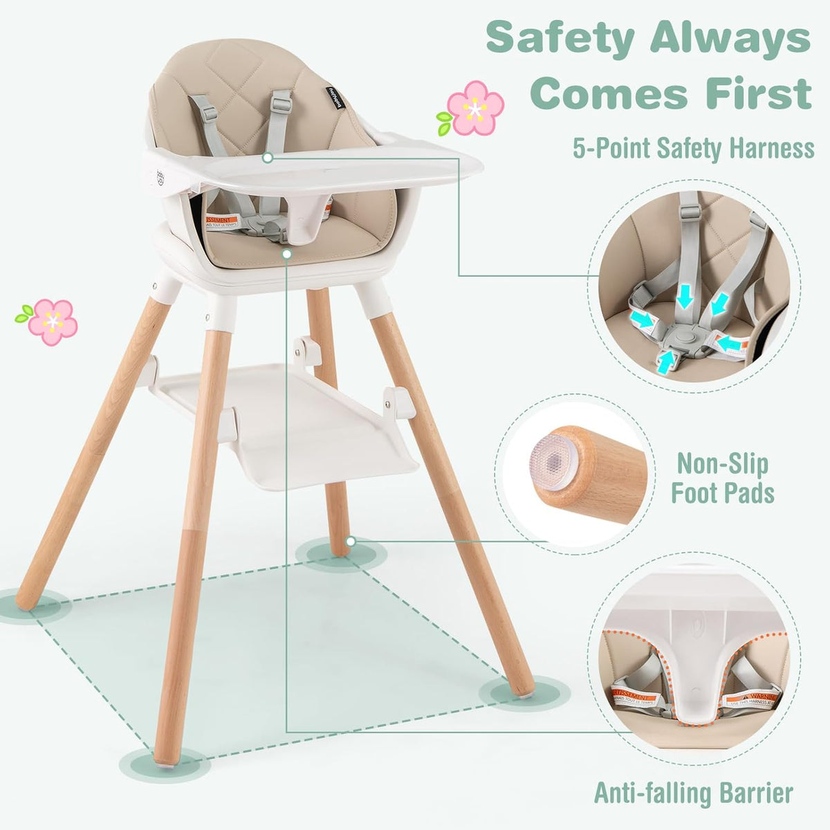 BABY JOY 6-in-1 Convertible Wooden High Chair, Baby High Chair with Double Dishwasher, Beige