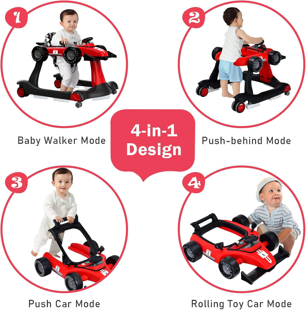 BABY JOY 4-in-1 Baby Walker, Foldable Activity Car Baby Walker w/3 Adjustable Height (Red)