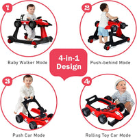 BABY JOY 4-in-1 Baby Walker, Foldable Activity Car Baby Walker w/3 Adjustable Height (Red)