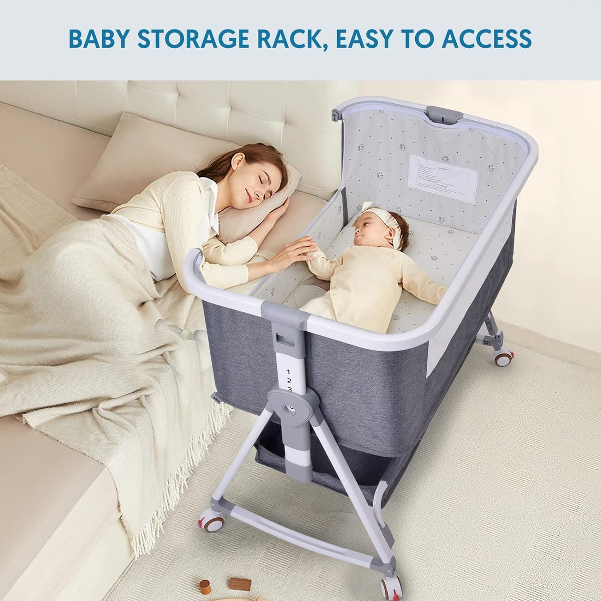 Bassinet Co Sleeper, Bellababy Baby Bedside Sleeper, Bedside Bassinet for Safe Co-Sleeping, Storge Bag, Universal Wheel with Brake, Easy to Assemble, Grey