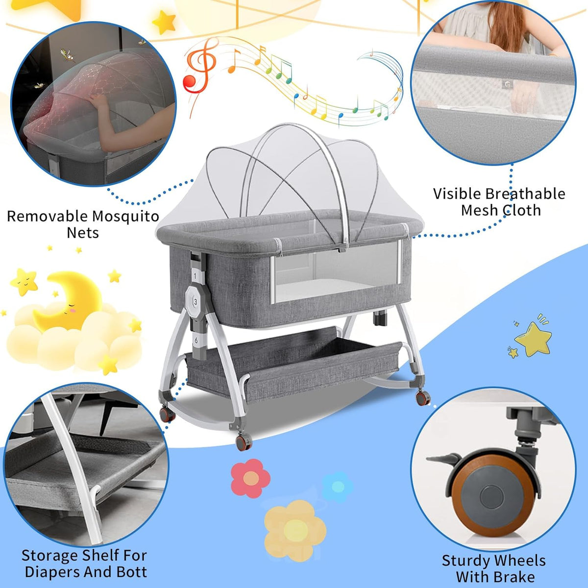 Baby Bassinet with Mattress,3-in-1 Bedside Bassinets with 6 Height Adjustable(Gray)