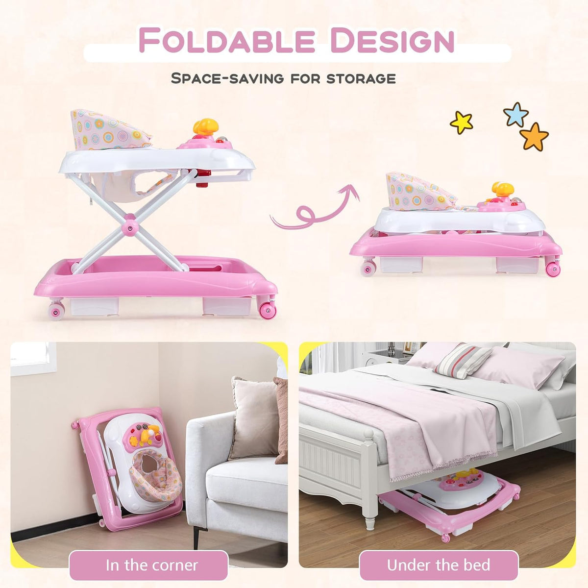 BABY JOY Foldable Baby Walker, Toddler Activity Center Push Walker with 3 Adjustable Heights(Pink)
