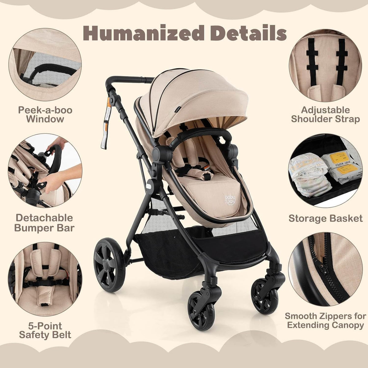 High Landscape Baby Stroller, 2 in 1 Convertible Baby Pram Jogger with Adjustable Canopy & Backrest