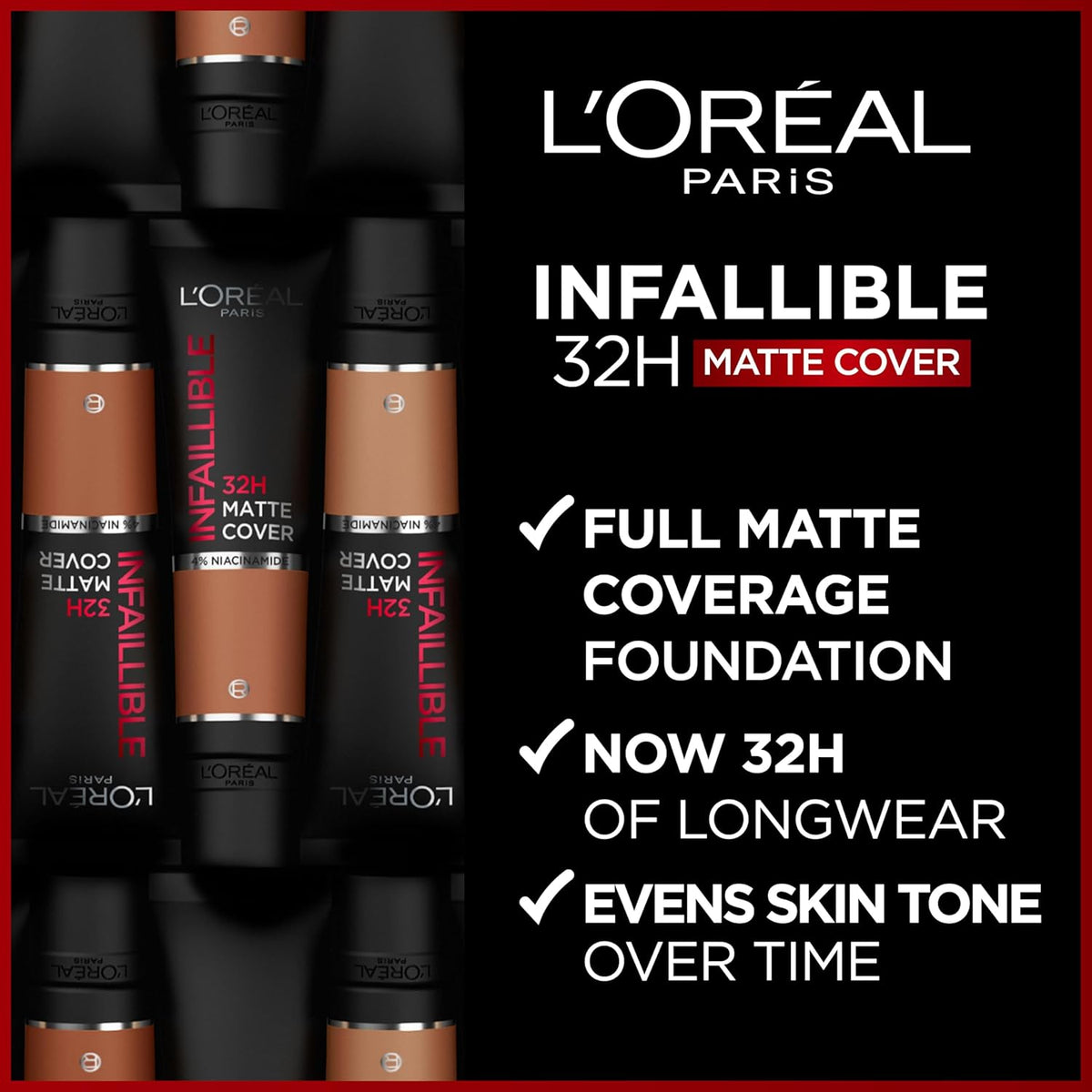 L'Oreal Paris Cover Liquid Foundation, With 4% Niacinamide, Long Lasting, Natural Finish, Available in 20 Shades, SPF 25, Infallible 32H Matte Cover, Shade 145, 30ml